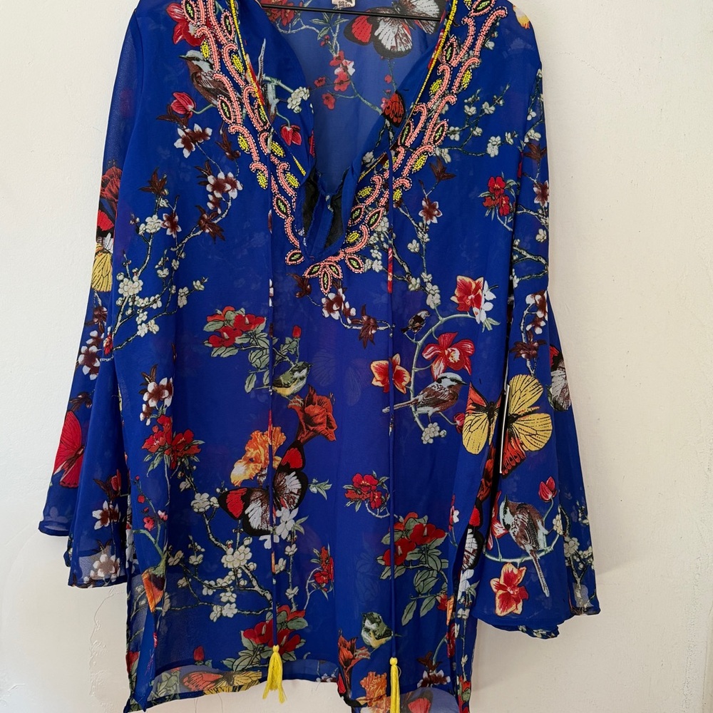 NWT Violet Sky Blue Floral Butterfly Beaded Kaftan Tunic Boho Beach Resort Top L
